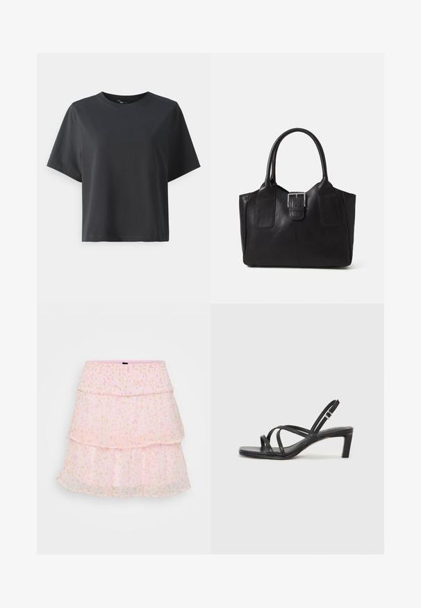 Black cotton t-shirt, short sleeves, crew neck, relaxed fit, smooth texture, simple design, no patterns or accents.; Pink, tiered skirt made of sheer fabric with floral patterns in pastel colors. Elastic waistband enhances comfort and fit.; Black strappy sandal with a square toe and a low block heel. Features multiple thin straps and an adjustable ankle strap. Made of smooth leather.; Black leather tote bag with smooth texture, structured shape, two handles, and a prominent silver buckle detail on the front.