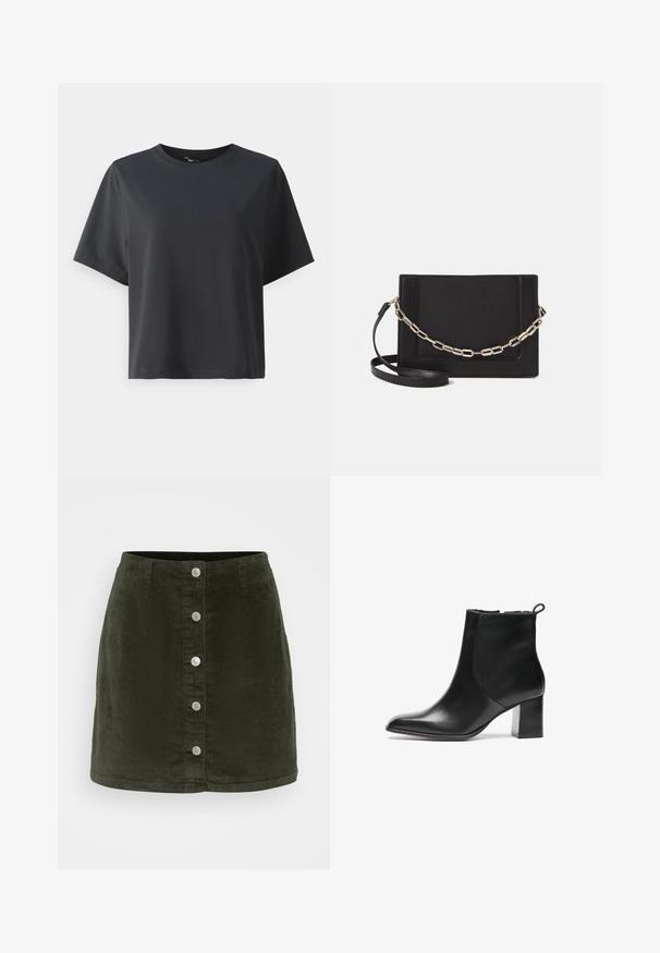Tricou negru din bumbac, mâneci scurte, guler rotund, croială lejeră, textură netedă, design simplu, fără modele sau accente.; Vero Moda Petite VMETTA SHORT SKATER - Fustă în formă de A - forest night; Bocanc negru din piele până la gleznă, cu vârful rotunjit, toc bloc de înălțime medie și o bucată de prindere în spate. Textură netedă, design minimalist.; Geantă de umăr din piele neagră, cu o textură netedă, formă rectangulară și un detaliu din lanț metalic în față. Include curea reglabilă.
