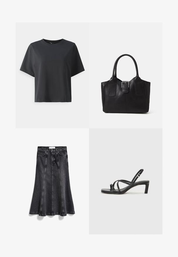 Zwarte katoenen t-shirt, korte mouwen, ronde hals, losse pasvorm, gladde textuur, eenvoudig ontwerp, geen patronen of accenten.; Zwarte spijkerrok met een uitlopende uitstraling, voorzien van een tailleband, voorkwabben en zichtbare stiksels langs de naden.; Zwarte sandaal met bandjes, vierkante teen en een lage blokhak. Voorzien van meerdere dunne bandjes en een verstelbare enkelband. Gemaakt van zacht leer.; Zwarte leren tote bag met een gladde textuur, gestructureerde vorm, twee handvatten en een opvallend zilveren sluitingdetail aan de voorkant.