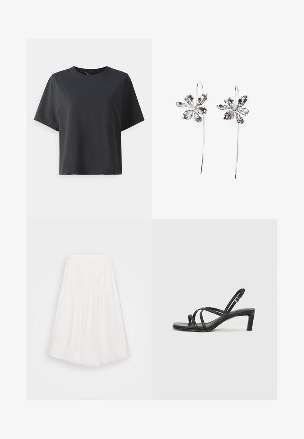 Juodas medvilnės marškinėliai, trumpomis rankovėmis, apvaliu kaklu, laisvas kirpimas, lygus paviršius, paprastas dizainas, be raštų ar akcentų.; Balta kelių ilgio sijonas su elastingu juosmeniu, pagamintas iš lygaus audinio, su susibūrimo dizainu, suteikiančiu apimties formą.; Juodi šlepetės su kvadratiniu pirštu ir žemu bloku kulnu. Yra keli ploni dirželiai ir reguliuojamas kulkšnies diržas. Pagaminti iš lygios odos.; Sidabrinės gėlių formos auskarai su tekstūruotu paviršiumi, turintys ilgas kabliuko formas ir žiedlapiams panašius detalizavimo elementus, sudarantys sudėtingą dizainą.