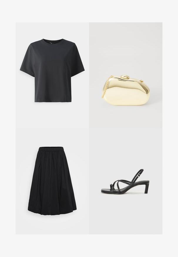 Črna bombažna majica, kratki rokavi, krojeni ovratnik, sproščenega kroja, gladka tekstura, preprost dizajn, brez vzorcev ali dodatkov.; Črna, krilna dolžina do kolen, izdelana iz lahkega blaga, z nabranim elastičnim pasom in razširjenim, prostornim silhuetom.; Črne natikače s trakovi in kvadratnim prstom ter nizkim blokastim peto. Imajo več tankih trakov in nastavljiv trak okoli gležnja. Narejene so iz gladkega usnja.; Metalna zlata torbica z gladko, zaobljeno obliko, opremljena z zgornjim gumbom in majhnim verižnim ročajem za nošenje.