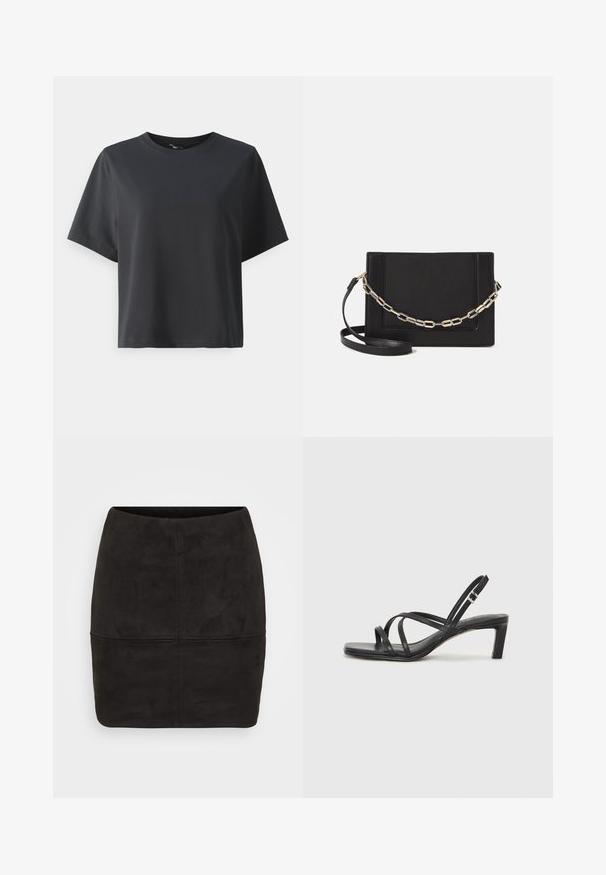 T-shirt en coton noir, à manches courtes, col ras du cou, coupe décontractée, texture lisse, design simple, sans motifs ni accents.; Mini-jupe en daim noir au design ajusté, avec une texture lisse et des coutures verticales sur le devant.; Sandale noire à lanières avec un bout carré et un petit talon bloc. Elle présente plusieurs fines lanières et une sangle de cheville ajustable. Fabriquée en cuir lisse.; Sac bandoulière en cuir noir avec une texture lisse, de forme rectangulaire et un détail en chaîne métallique à l'avant. Sangle réglable incluse.