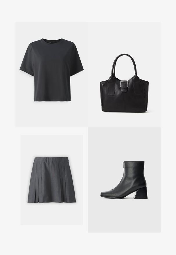 Melnas kokvilnas t-krekls, īsām piedurknēm, apaļš kakls, brīvs piegriezums, gluda tekstūra, vienkāršs dizains, bez rakstiem vai akcentiem.; Pelēka plisēta svārku izgatavota no teksturēta auduma, ar jostu un slēptu rāvējslēdzēju. Iekļauj vienmērīgi izkārtotas plisītes, kas piešķir strukturētu izskatu.; Melna ādas potītes zābaku ar kvadrātveida purngalu, sānu rāvējslēdzēju un bloku papēdi uz vienkārša gaismas fona.; Melnas ādas somiņa ar gludu tekstūru, strukturētu formu, divām rokturām un izteiktu sudraba sprādzi priekšpusē.