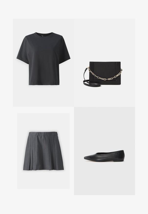 Crna pamučna majica, kratki rukavi, okrugli izrez, opušteni kroj, glatka tekstura, jednostavan dizajn, bez uzoraka ili naglasaka.; Siva plisirana suknja od teksturiranog materijala, s pojasom i skrivenim patentnim zatvaračem. Ima ravnomjerno raspoređene plisove za strukturalni izgled.; Crne kožne balerinke, uski vrh, minimalistički dizajn, glatka tekstura, niska peta, bez vidljivih dodataka ili ukrasa.; Crna kožna torba preko tijela s glatkom teksturom, pravokutnim oblikom i metalnim lancem na prednjoj strani. Uključena je podesiva naramenica.