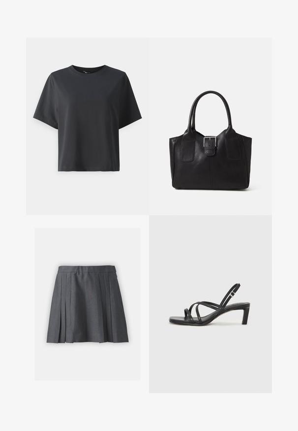 Crna pamučna majica, kratki rukavi, okrugli izrez, opušteni kroj, glatka tekstura, jednostavan dizajn, bez uzoraka ili naglasaka.; Siva plisirana suknja od teksturiranog materijala, s pojasom i skrivenim patentnim zatvaračem. Ima ravnomjerno raspoređene plisove za strukturalni izgled.; Crne sandale s trakama, kvadratnim prstom i niskom blok petom. Ima više tankih trakica i podesivu trakicu oko gležnja. Izrađene su od glatke kože.; Crna kožna torba za nošenje s glatkom teksturom, strukturiranim oblikom, dvije ručke i istaknutim srebrnim kopčanjem na prednjoj strani.