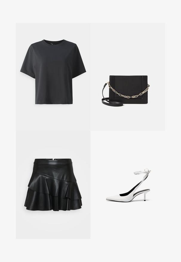 T-shirt de algodão preto, mangas curtas, gola redonda, corte descontraído, textura suave, design simples, sem padrões ou detalhes.; Saia mini de couro preta com uma cintura ajustada e três camadas de babados, apresentando uma textura suave e um fecho de correr escondido na parte de trás.; Sapatos de salto alto brancos com biqueira fina e tiras de calcanhar. Material de couro liso, salto agulha fino e forro interior preto.; Bolsa crossbody de couro preto com uma textura suave, forma retangular e um detalhe em corrente metálica na frente. Inclui uma alça ajustável.