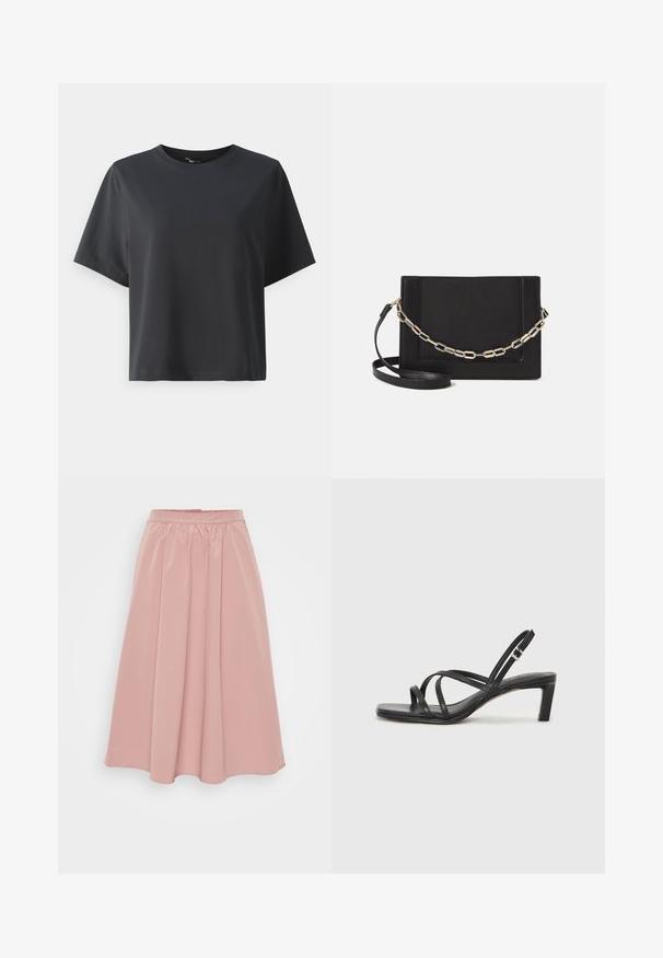 Tricou negru din bumbac, mâneci scurte, guler rotund, croială lejeră, textură netedă, design simplu, fără modele sau accente.; Fustă roz, până la genunchi, confecționată dintr-un material neted, având un talie strânsă și un design pliat. Fără detalii suplimentare sau modele.; Sandal cu barete negre, cu vârf pătrat și toc mic de bloc. Prezintă mai multe barete subțiri și o bareta ajustabilă la gleznă. Fabricat din piele netedă.; Geantă de umăr din piele neagră, cu o textură netedă, formă rectangulară și un detaliu din lanț metalic în față. Include curea reglabilă.