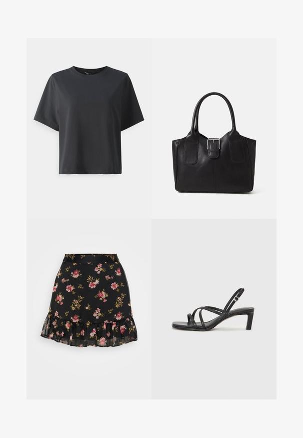 Fekete pamut póló, rövid ujjú, kerek nyakkivágású, laza szabású, sima textúrájú, egyszerű design, minta vagy kiegészítők nélkül.; Fekete virágmintás szoknya fodros szegéllyel. Rózsaszín és sárga virágmintázat díszíti átlátszó anyagon. Könnyű és testhezálló kialakítás.; Fekete pántos szandál négyzetes orral és alacsony blokk sarkal. Több vékony pánttal és állítható boka pánttal rendelkezik. Sima bőrből készült.; Fekete bőr bevásárlótáska sima textúrával, strukturált formával, két fogantyúval és egy figyelemfelkeltő ezüst csattal az elején.