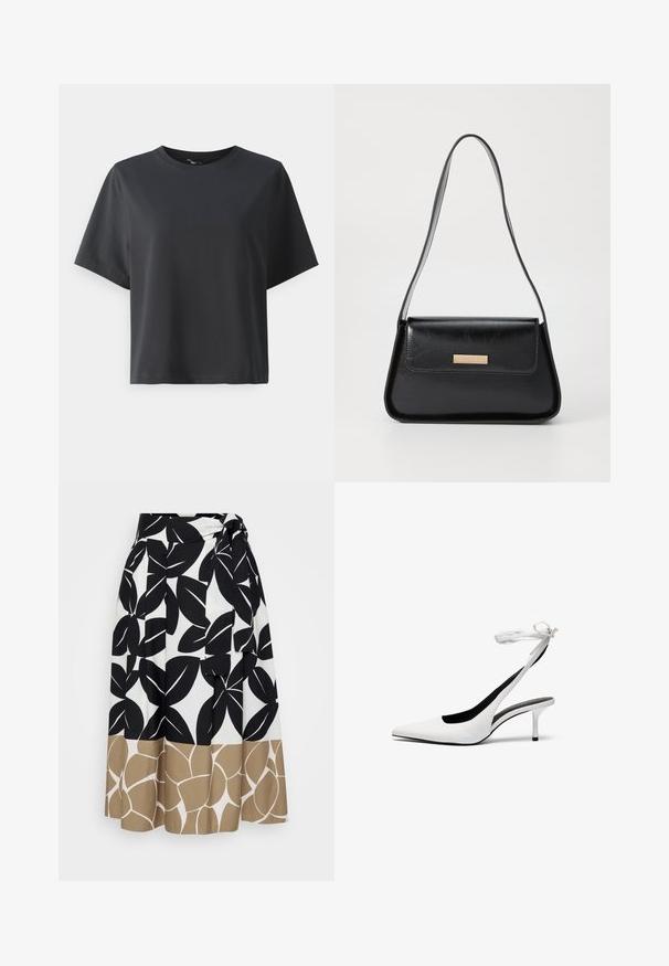 Svart bomullströja, korta ärmar, rund hals, avslappnad passform, slät textur, enkel design, inga mönster eller detaljer.; Persona by Marina Rinaldi ZENITH - Maxikjol - verde kaki; Vita spetsiga slingbackklackar med en smal ankelrem. Slätt lädermaterial, smal stilettklack och en svart inre foder.; Svart läderhandväska med en strukturerad triangulär form, smal rem och detaljer i guldton med en logotavla på framsidan av locket.