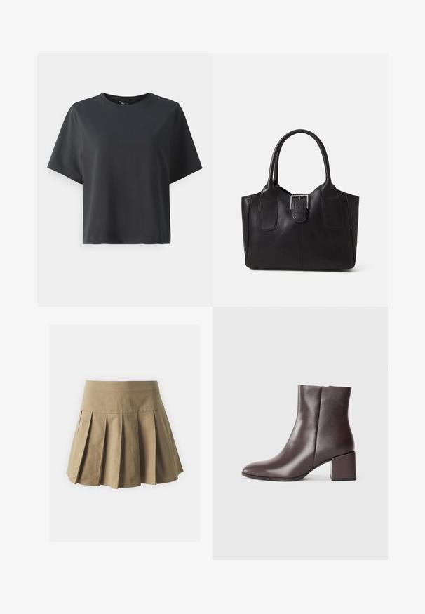 Fekete pamut póló, rövid ujjú, kerek nyakkivágású, laza szabású, sima textúrájú, egyszerű design, minta vagy kiegészítők nélkül.; Khaki redőzött szoknya, fitted derékpánttal, pamut anyagból készült, egyenletes textúrával és flared, rövid kialakítással.; Barna bőr bokacsizma elegáns dizájnnal, hegyes orral és négyzet alakú kocka sarkával. Simává finomított textúra és minimalista sziluett.; Fekete bőr bevásárlótáska sima textúrával, strukturált formával, két fogantyúval és egy figyelemfelkeltő ezüst csattal az elején.