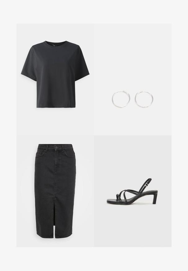 Fekete pamut póló, rövid ujjú, kerek nyakkivágású, laza szabású, sima textúrájú, egyszerű design, minta vagy kiegészítők nélkül.; Fekete farmer szoknya középhosszú kialakítással, elülső hasítékkal és klasszikus öt zsebes stílussal. Gombos záródással és övlyukakkal rendelkezik.; Fekete pántos szandál négyzetes orral és alacsony blokk sarkal. Több vékony pánttal és állítható boka pánttal rendelkezik. Sima bőrből készült.; Ezüst karika fülbevalók, letisztult, kerek formával, sima felülettel és látható díszítés nélkül. A átmérő nem megadott.