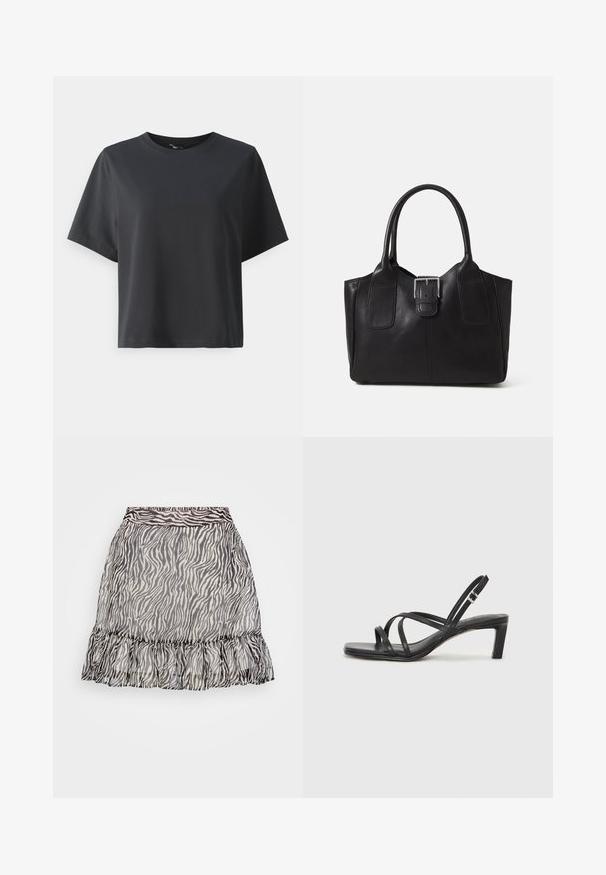 Svart bomull T-skjorte, korte ermer, rund hals, avslappet passform, jevn tekstur, enkel design, ingen mønstre eller aksenter.; Gjennomsiktig skjørt med zebra-mønster som har volangkant, i svart og hvitt, og elastisk liv for en behagelig passform.; Sorte sandaler med stropper, firkantet tå og lav blokk hæl. Har flere tynne stropper og en justerbar ankelstropp. Laget av glatt lær.; Svart skinn toteveske med jevn tekstur, strukturert form, to håndtak og en fremtredende sølvspenne foran.