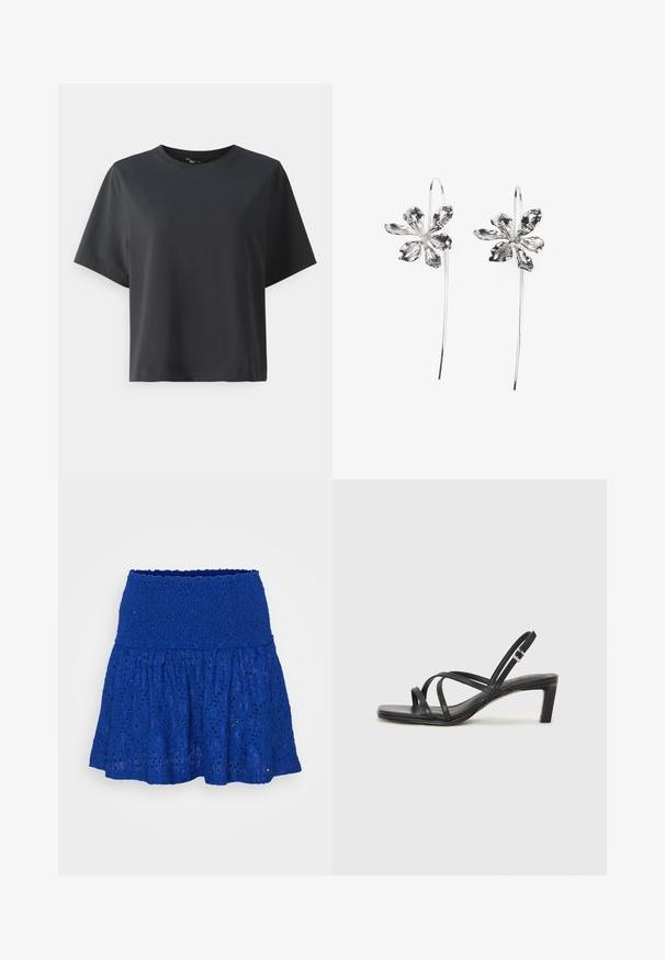 Fekete pamut póló, rövid ujjú, kerek nyakkivágású, laza szabású, sima textúrájú, egyszerű design, minta vagy kiegészítők nélkül.; Kék csipke szoknya texturált, hímzett mintával és bővülő sziluettel, elasztikus derékkal.; Fekete pántos szandál négyzetes orral és alacsony blokk sarkal. Több vékony pánttal és állítható boka pánttal rendelkezik. Sima bőrből készült.; Ezüst virágformájú fülbevalók, texturált felülettel, hosszú akasztókkal és szirmokra hasonlító részletekkel az összetett dizájn érdekében.