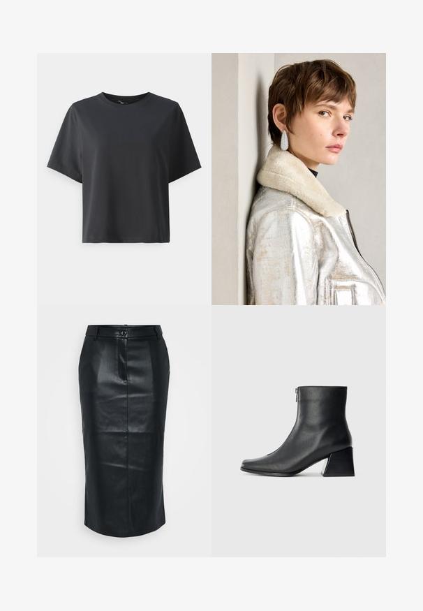 T-shirt en coton noir, à manches courtes, col ras du cou, coupe décontractée, texture lisse, design simple, sans motifs ni accents.; Jupe crayon en cuir noir avec une taille haute, fente au dos, texture lisse et fermeture à bouton unique. Présente un design ajusté et sur mesure.; Bottine en cuir noir avec un bout carré, fermeture éclair sur le côté et talon bloc sur fond clair uni.; Veste en cuir métallique argenté avec col en shearling, dotée d'une fermeture éclair et d'une surface texturée. Grandes boucles d'oreilles en goutte d'eau avec des pierres précieuses transparentes.