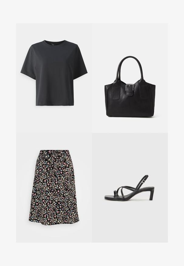 Juodas medvilnės marškinėliai, trumpomis rankovėmis, apvaliu kaklu, laisvas kirpimas, lygus paviršius, paprastas dizainas, be raštų ar akcentų.; Gėlių midi sijonas su juodu fonu, puošiamas mažomis rožinėmis, mėlynomis ir smėlio spalvos gėlėmis. Elastinga juosta su raišteliu, laisvas dizainas.; Juodi šlepetės su kvadratiniu pirštu ir žemu bloku kulnu. Yra keli ploni dirželiai ir reguliuojamas kulkšnies diržas. Pagaminti iš lygios odos.; Juodas odinis nešiojamas krepšys su lygiu paviršiumi, struktūrine forma, dviem rankenėlėmis ir ryškiu sidabriniu sagties akcentu priekyje.