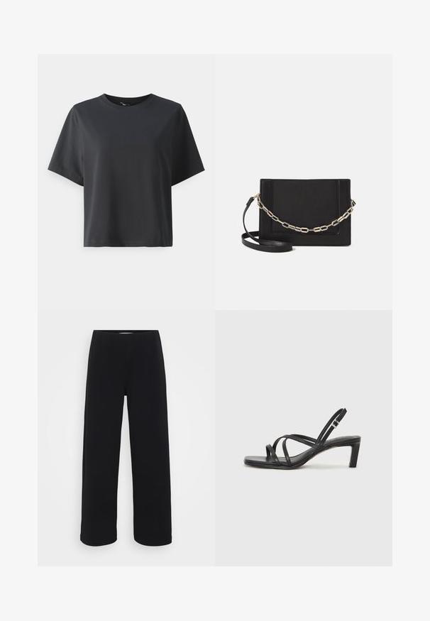 Čierne bavlnené tričko, krátke rukávy, okrúhly výstrih, voľný strih, hladká textúra, jednoduchý dizajn, bez vzorov alebo akcentov.; Čierne široké nohavice s elastickým pásom. Vyrobené z textúrovanej látky, s voľným strihom a rovným strihom od pásu po lem.; Čierne sandále na vysokom podpätku so štvorcovou špičkou a nízkym blokovým podpätkom. Obsahujú viacero tenkých popruhov a nastaviteľný členkový popruh. Vyrobené z hladkej kože.; Čierna kožená crossbody taška s hladkou textúrou, obdĺžnikovým tvarom a kovovým reťazovým detailom na prednej strane. Súčasťou je nastaviteľný popruh.