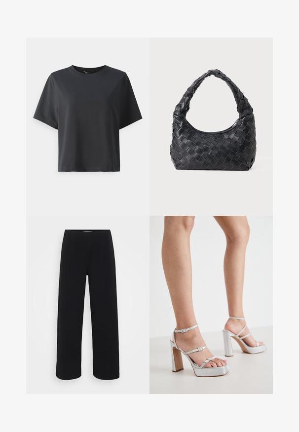 Černé bavlněné tričko, krátké rukávy, kulatý výstřih, volný střih, hladká textura, jednoduchý design, bez vzorů nebo akcentů.; Černé kalhoty s širokými nohavicemi a elastickým pasem. Vyrobené z texturovaného materiálu, mají volný střih a rovný zakončení od boků až po lem.; Stříbrné platformové sandály na vysokém podpatku s pásky kolem kotníků, texturovaný materiál, široký blokový podpatek a nastavitelné spony.; Černá kožená tkaná taška přes rameno s zaoblenou rukojetí a měsíčkovým tvarem na jednobarevném pozadí.