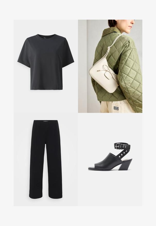 Svart bomull T-skjorte, korte ermer, rund hals, avslappet passform, jevn tekstur, enkel design, ingen mønstre eller aksenter.; Svart bukser med vid benvidde og elastisk midjebånd. Laget av et strukturert materiale, med en løs passform og rett snitt fra hoftene til sømmen.; Åpen tå svart lær hæl sandal med ankelrem, med spenne-lukking og sølv-stud detaljer på remmen, med blokk hæl.; Beige skinnveske med en sløyfedetalj, gullhardware og en justerbar stropp, båret over en grønn quiltet jakke.