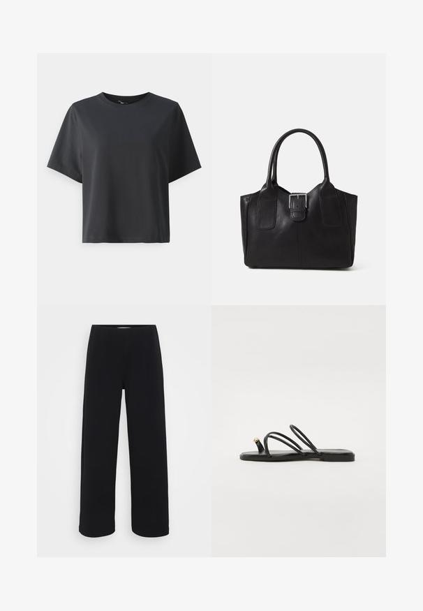 Black cotton t-shirt, short sleeves, crew neck, relaxed fit, smooth texture, simple design, no patterns or accents.; Black wide-leg pants with an elastic waistband. Made from a textured material, featuring a loose fit and straight cut from hips to hem.; Call it Spring LUNAROSE - T-bar sandals - black; Black leather tote bag with smooth texture, structured shape, two handles, and a prominent silver buckle detail on the front.