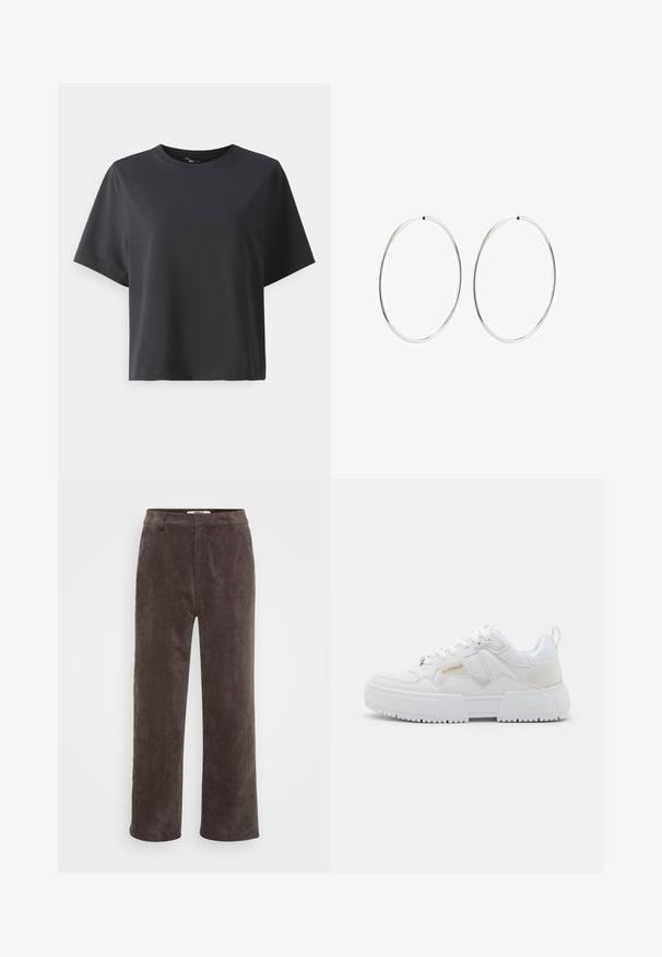 Must musträtik, lühikesed varrukad, ümar kaelus, vabalt lõigatud, sile tekstuur, lihtne disain, ilma mustrite või aksessuaarideta.; Pruunid korduroy laiade sääretega püksid, millel on tekstureeritud viimistlus, tavaline vöökoht ja kaks esimest taskut.; Valged tossud suuremahulise disainiga, mis on valmistatud nahk- ja sünteetilisest materjalist, tekstuursete detailidega, paeladega ja silmapaistva kuldse logoga.; Hõbedased rõngaskõrvarõngad, millel on sujuv, ümmargune disain ja poleeritud viimistlus. Need on õhukesed ja kerged, omades lihtsat klambrit.