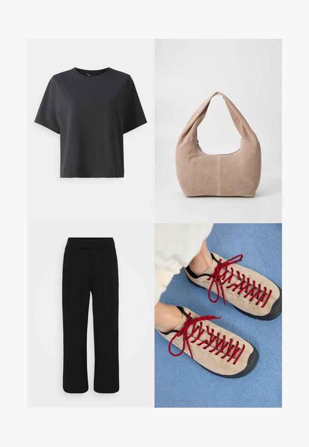 Camiseta de algodón negra, de manga corta, cuello redondo, corte relajado, textura suave, diseño simple, sin patrones ni acentos.; Pantalones de pierna ancha negros, confeccionados en una tela suave, con un frente plano, presillas para cinturón y sin bolsillos visibles. Diseño limpio y ajustado.; Zapatos beiges con cordones rojos, colocados sobre una superficie texturizada azul, que revelan parcialmente el tobillo de una persona. Los zapatos tienen un diseño deportivo.; Bolso hobo hecho de un material suave de ante en un color beige claro. Presenta una forma redondeada con una correa ancha y cierre de cremallera.