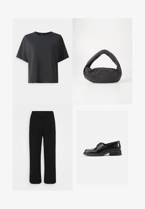 Fekete pamut póló, rövid ujjú, kerek nyakkivágású, laza szabású, sima textúrájú, egyszerű design, minta vagy kiegészítők nélkül.; Fekete, bőszárú nadrág sima anyagból, lapos elülső résszel, övhurkokkal és látható zsebek nélkül. Tiszta, igényesen szabott dizájn.; Fekete bőr dresszcipő sima felülettel, lekerekített orral, két fűzőlyukkal és masszív blokkfűzzel. Egyszerű dizájn, minták nélkül.; Sötét szürke szövet táska ívelt fogantyúval, puha tapintással és kerek formával. Nincs látható szerelvény vagy díszítés.