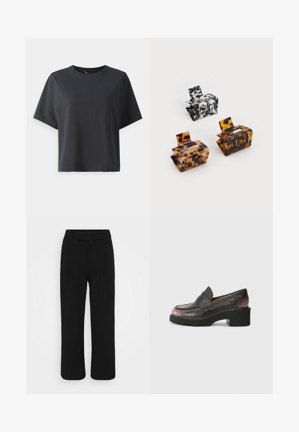 Črna bombažna majica, kratki rokavi, krojeni ovratnik, sproščenega kroja, gladka tekstura, preprost dizajn, brez vzorcev ali dodatkov.; Črne široke hlače iz gladkega materiala, z ravnim sprednjim delom, zanko za pas in brez vidnih žepov. Čist, krojen dizajn.; Črne usnjene loafers čevlje z zaobljenim prstom, naglasno trakico in tonalnim gradientom od črne do temno roza na peti. Imajo robusten podplat.; Tri do konice za lase: ena marmorirana v črni in beli barvi, dve iz školjkastega v rjavih in črnih odtenkih, vse narejeno iz sijoče plastike z teksturiranim zaključkom.