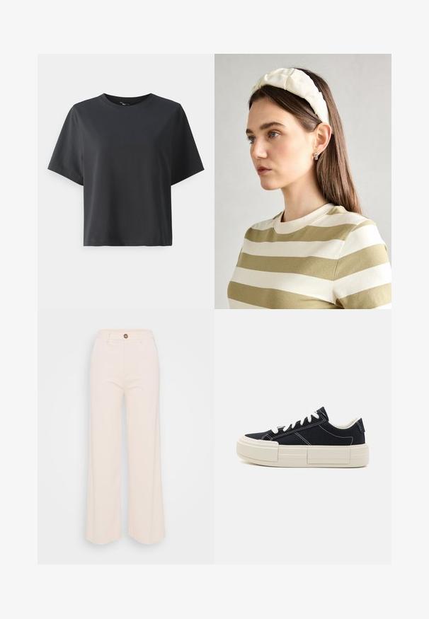 Czarny bawełniany t-shirt, krótkie rękawy, okrągły dekolt, luźny krój, gładka tekstura, prosty design, bez wzorów ani akcentów.; Spodnie o szerokich nogawkach w miękkim kremowym materiale, z wysokim stanem, pojedynczym zapięciem na guzik i minimalnymi detalami przeszycia.; Czarne płócienne tenisówki z białymi sznurówkami i przeszyciami. Posiadają masywną, teksturowaną białą podeszwę z unikalnym segmentowym wzorem.; Kremowa poduszka na głowę zziębniętym wzorem, zestawiona z beżową i białą koszulą w paski, z okrągłym dekoltem. Subtelne akcenty biżuteryjne.