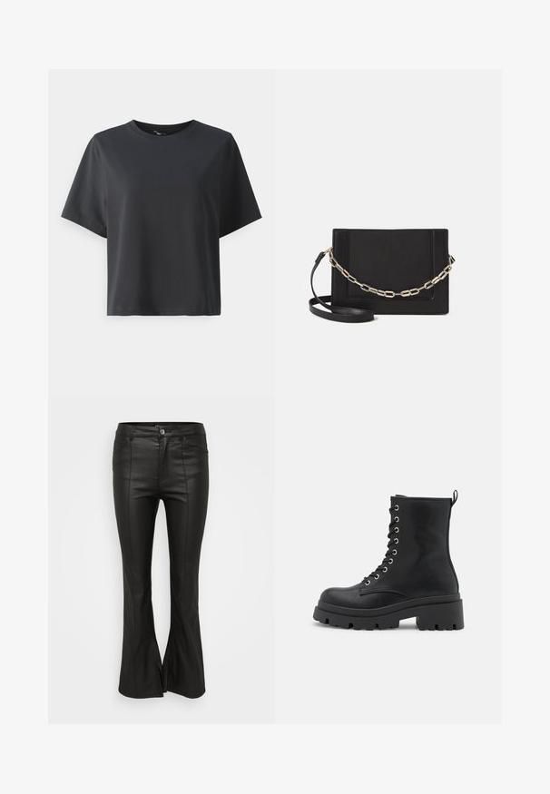 Černé bavlněné tričko, krátké rukávy, kulatý výstřih, volný střih, hladká textura, jednoduchý design, bez vzorů nebo akcentů.; Černé rozšířené kalhoty s lesklou, koženou texturou, které mají přední kapsy, zapínání na knoflík a boční rozparky na lemu.; Černé šněrovací kotníkové boty s objemnou podrážkou, hladkým povrchem, stříbrným kováním a poutkem na zadní straně pro snadné obouvání.; Černá kožená crossbody taška s hladkým povrchem, obdélníkovým tvarem a kovovým řetízkem na přední straně. Součástí je nastavitelný popruh.