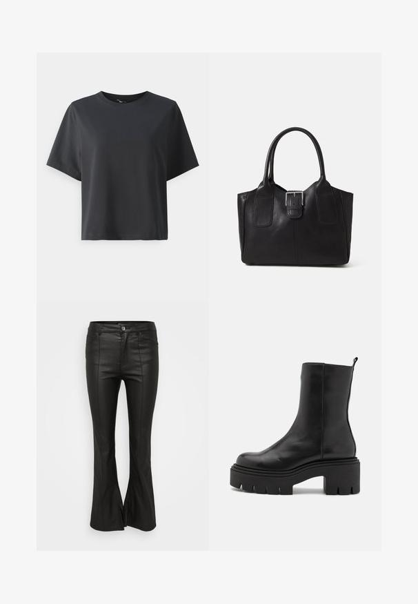 Juodas medvilnės marškinėliai, trumpomis rankovėmis, apvaliu kaklu, laisvas kirpimas, lygus paviršius, paprastas dizainas, be raštų ar akcentų.; Juodos platečiųjų kojų kelnės su blizgia, odai panašia tekstūra, turinčios priekinės kišenes, mygtuko užsegimą ir šoninius plyšius apatinėje dalyje.; Juodos odinės kulkšninių botai su stambiu platformos padu, turintys lygų paviršių ir kilpą gale, skirta patogiam užsidėjimui.; Juodas odinis nešiojamas krepšys su lygiu paviršiumi, struktūrine forma, dviem rankenėlėmis ir ryškiu sidabriniu sagties akcentu priekyje.