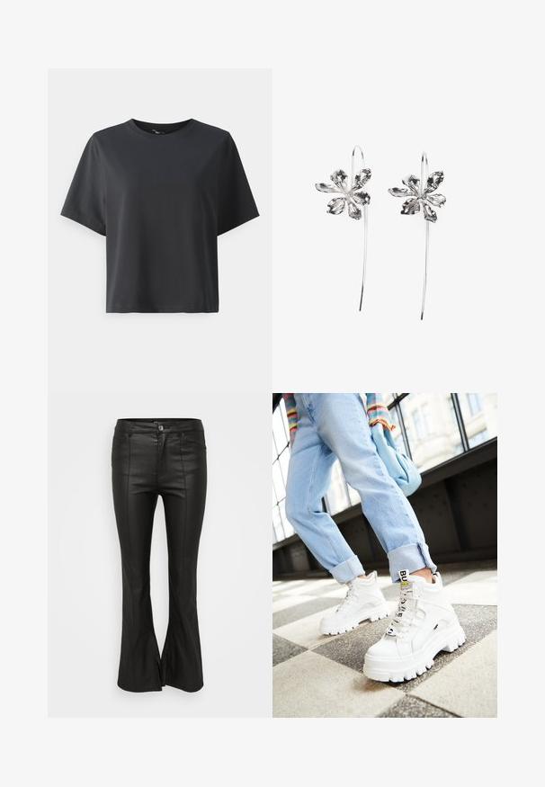 T-shirt de algodão preto, mangas curtas, gola redonda, corte descontraído, textura suave, design simples, sem padrões ou detalhes.; Calças flare pretas com uma textura brilhante, semelhante a couro, apresentando bolsos frontais, fecho com botão e fendas laterais na bainha.; Ténis brancos chunky com solas grossas, atacadores na parte frontal e etiqueta de marca. Usados com calças de ganga claras, com as bainhas dobradas, em um chão estampado.; Brincos em forma de flor prateados com um acabamento texturizado, apresentando ganchos longos e detalhes semelhantes a pétalas para um design intrincado.