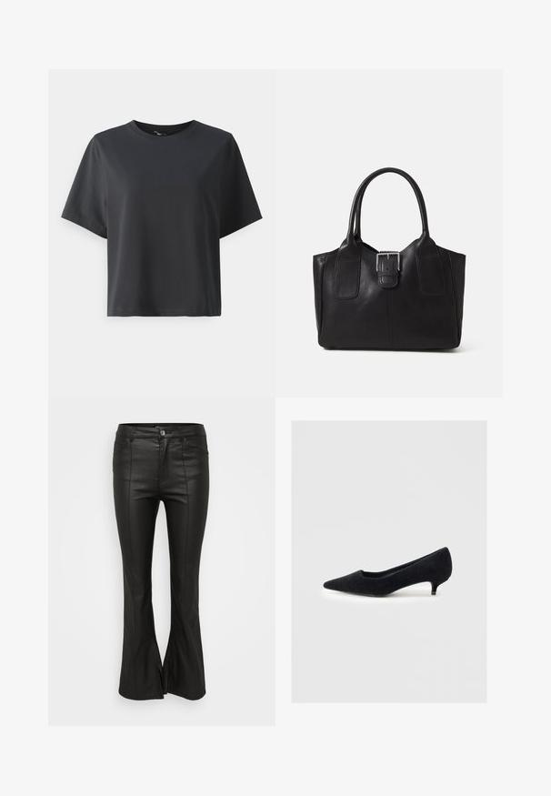 Zwarte katoenen t-shirt, korte mouwen, ronde hals, losse pasvorm, gladde textuur, eenvoudig ontwerp, geen patronen of accenten.; Zwarte flared broek met een glanzende, lederen uitstraling, voorzien van voorzakken, een knoopsluiting en zijsplitten aan de zoom.; Zwarte vilten pump met een spits toelopende neus en een lage kittenhak. De schoen heeft een gladde textuur en een minimalistisch ontwerp zonder versieringen.; Zwarte leren tote bag met een gladde textuur, gestructureerde vorm, twee handvatten en een opvallend zilveren sluitingdetail aan de voorkant.