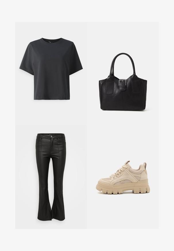 Black cotton t-shirt, short sleeves, crew neck, relaxed fit, smooth texture, simple design, no patterns or accents.; Black flared pants with a shiny, leather-like texture, featuring front pockets, a button closure, and side slits at the hem.; Beige chunky sneakers with a mix of mesh and suede materials, featuring a thick sole and prominent tread, lace-up design, and branding detail.; Black leather tote bag with smooth texture, structured shape, two handles, and a prominent silver buckle detail on the front.