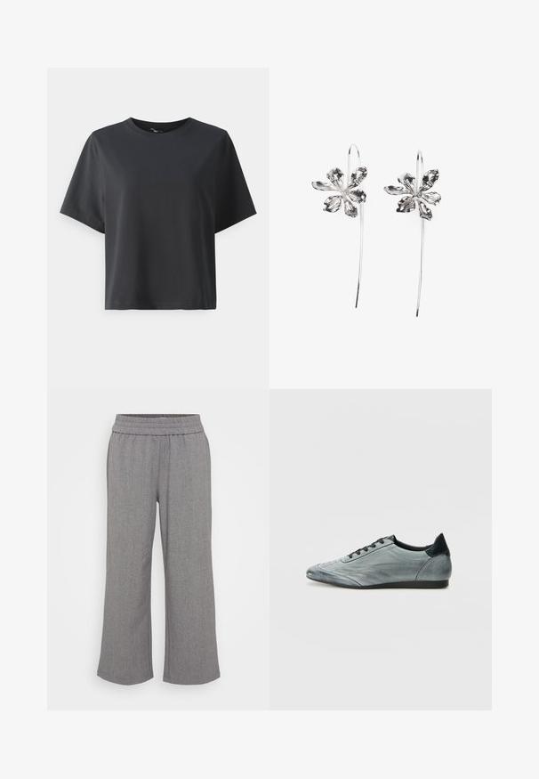 Black cotton t-shirt, short sleeves, crew neck, relaxed fit, smooth texture, simple design, no patterns or accents.; Gray, wide-leg trousers made from a textured fabric with an elastic waistband. Features a subtle pattern without pockets or closures.; Light gray leather sneaker with a sleek design, featuring stitched detailing, black laces, and a dark heel accent. Rubber sole.; Silver flower-shaped earrings with a textured finish, featuring long hooks and petal-like details for an intricate design.