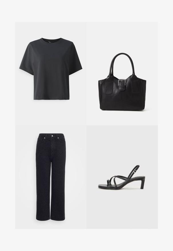 T-shirt de algodão preto, mangas curtas, gola redonda, corte descontraído, textura suave, design simples, sem padrões ou detalhes.; Calças largas de ganga preta com uma cintura alta, apresentando detalhes decorativos de tachas por toda a parte e uma textura suave.; Sandal de tiras pretas com biqueira quadrada e um pequeno salto bloco. Apresenta várias tiras finas e uma tira no tornozelo ajustável. Feito de couro liso.; Bolsa tote de couro preta com textura suave, forma estruturada, duas alças e um destaque prateado proeminente na parte da frente.