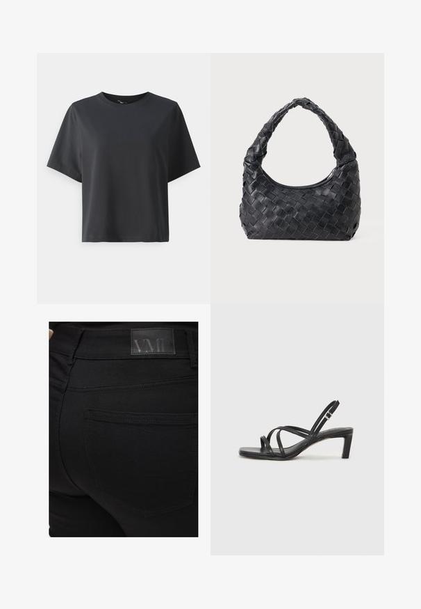 Melnas kokvilnas t-krekls, īsām piedurknēm, apaļš kakls, brīvs piegriezums, gluda tekstūra, vienkāršs dizains, bez rakstiem vai akcentiem.; Melnas pieguļošas džinses ar gludu tekstūru. Iezīmē VMD logo uz jostas, aizmugurē esoša kabata un pieguloša forma.; Melnas strappy sandales ar kvadrātveida purngaliem un zemu bloku papēdi. Ievērojamas ar vairākiem plāniem siksniņām un regulējamu potītes siksniņu. Izgatavotas no gludas ādas.; Melna ādas austā plecu soma ar noapaļotu rokturi un pusmēness formas ķermeni uz vienota fona.