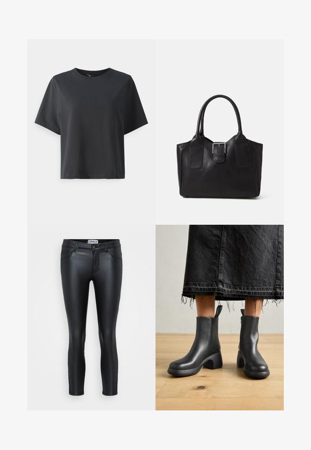 Fekete pamut póló, rövid ujjú, kerek nyakkivágású, laza szabású, sima textúrájú, egyszerű design, minta vagy kiegészítők nélkül.; Fekete leggings fényes anyagból, testhezálló kialakítással, öt zsebbel, steppelt részletekkel és elöl gombos záródással.; Fekete bőr bokacipők vastag sarokkal és oldalsó cipzárral, texturált talppal és húzófüllel a könnyű felhúzás érdekében.; Fekete bőr bevásárlótáska sima textúrával, strukturált formával, két fogantyúval és egy figyelemfelkeltő ezüst csattal az elején.