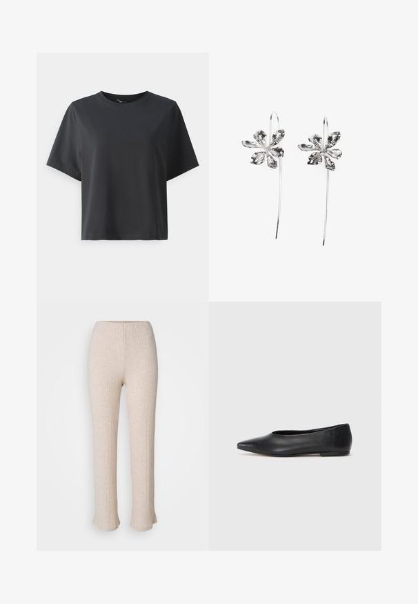 Črna bombažna majica, kratki rokavi, krojeni ovratnik, sproščenega kroja, gladka tekstura, preprost dizajn, brez vzorcev ali dodatkov.; Svetlo bež rebraste hlače s ravnim krojem in razširjeno obrobje. Narejene iz mehkega materiala z diskretno teksturo. Elastičen pas za udobje.; Črne usnjene balerinke, koničast toe, minimalističen dizajn, gladka tekstura, nizka peta, brez vidnih kovinskih delov ali okraskov.; Srebrne uhani v obliki rože z teksturirano površino, ki imajo dolge kavljice in podrobnosti, podobne cvetnim listom, kar ustvarja zapleten dizajn.