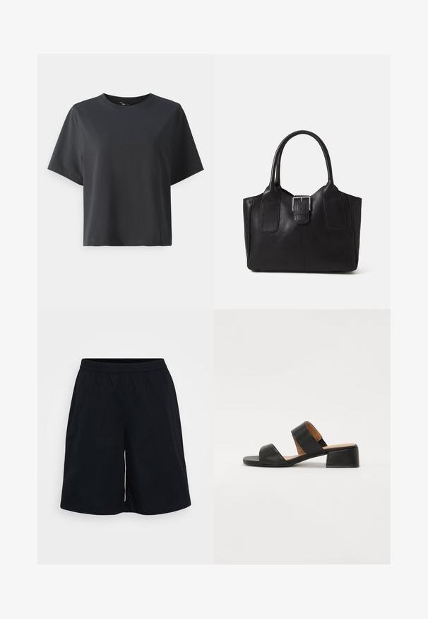 Sort bomulds t-shirt, korte ærmer, rund hals, afslappet pasform, glat tekstur, enkelt design, ingen mønstre eller accenter.; Sort atletisk shorts med elastisk talje, en løs pasform og en glat tekstur. Designet er enkelt uden mønstre eller accenter.; Sort lædersandal med to brede stropper over foden, en firkantet tå og en lav blokhælhøjde. Glat tekstur og minimalistisk design.; Sort læder tote taske med glat tekstur, struktureret form, to håndtag og en fremtrædende sølvspænde detalje på forsiden.