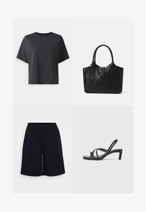 Fekete pamut póló, rövid ujjú, kerek nyakkivágású, laza szabású, sima textúrájú, egyszerű design, minta vagy kiegészítők nélkül.; Fekete sportnadrág elasztikus derékrésszel, laza fazonban, sima textúrával. A dizájn egyszerű, minták vagy díszítések nélkül.; Fekete pántos szandál négyzetes orral és alacsony blokk sarkal. Több vékony pánttal és állítható boka pánttal rendelkezik. Sima bőrből készült.; Fekete bőr bevásárlótáska sima textúrával, strukturált formával, két fogantyúval és egy figyelemfelkeltő ezüst csattal az elején.