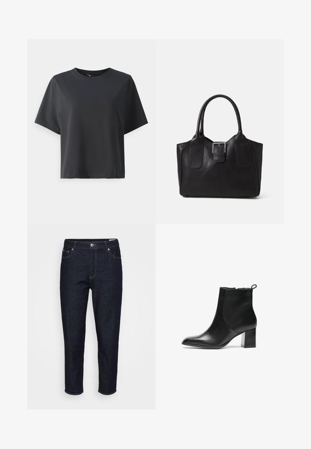 T-shirt de algodão preto, mangas curtas, gola redonda, corte descontraído, textura suave, design simples, sem padrões ou detalhes.; Jeans de denim azul escuro de perna reta com bolsos frontais, passadores de cinto e fecho frontal com botão, exibidos contra um fundo neutro.; Bota de tornozelo em pele preta com bico arredondado, um salto bloco de altura média e uma aba de puxar na parte de trás. Textura suave, design minimalista.; Bolsa tote de couro preta com textura suave, forma estruturada, duas alças e um destaque prateado proeminente na parte da frente.
