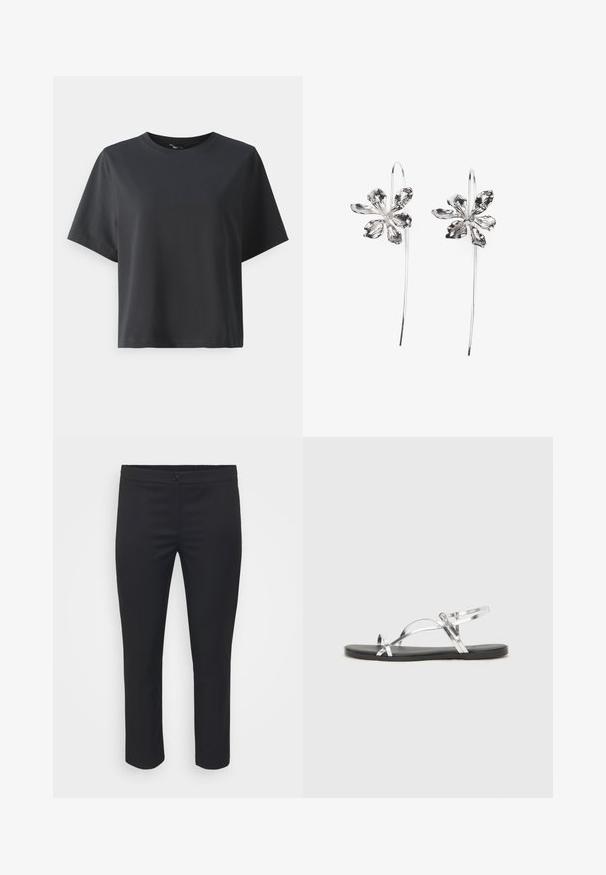Svart bomullströja, korta ärmar, rund hals, avslappnad passform, slät textur, enkel design, inga mönster eller detaljer.; Svarta skräddarsydda byxor med en slät textur, medelhög midja och beskuren längd. Har ett framknäpp med knappar och rena linjer.; Silverfärgade metalliska sandaler med en minimalistisk design, som har tunna remmar och en svart platt sula. Höjdpunkter inkluderar korsremmar.; Silverfärgade blommiga örhängen med en strukturerad yta, som har långa krokar och kronbladsliknande detaljer för en intrikat design.
