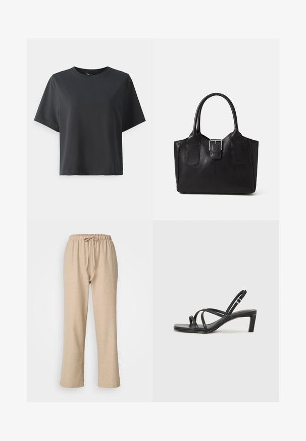 Juodas medvilnės marškinėliai, trumpomis rankovėmis, apvaliu kaklu, laisvas kirpimas, lygus paviršius, paprastas dizainas, be raštų ar akcentų.; ONLY Petite ONLAMAHLE STRAIGHT PULL UP - Kelnės - pumice stone; Juodi šlepetės su kvadratiniu pirštu ir žemu bloku kulnu. Yra keli ploni dirželiai ir reguliuojamas kulkšnies diržas. Pagaminti iš lygios odos.; Juodas odinis nešiojamas krepšys su lygiu paviršiumi, struktūrine forma, dviem rankenėlėmis ir ryškiu sidabriniu sagties akcentu priekyje.