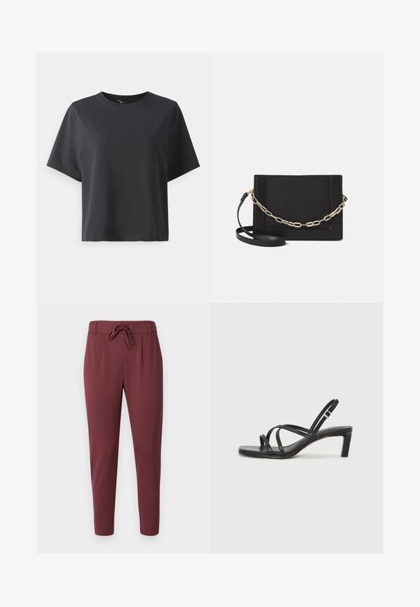 T-shirt en coton noir, à manches courtes, col ras du cou, coupe décontractée, texture lisse, design simple, sans motifs ni accents.; Pantalon élastique bordeaux avec cordon de serrage ajustable, jambes fuselées et texture de tissu lisse et douce. Présente des plis avant pour un look soigné.; Sandale noire à lanières avec un bout carré et un petit talon bloc. Elle présente plusieurs fines lanières et une sangle de cheville ajustable. Fabriquée en cuir lisse.; Sac bandoulière en cuir noir avec une texture lisse, de forme rectangulaire et un détail en chaîne métallique à l'avant. Sangle réglable incluse.