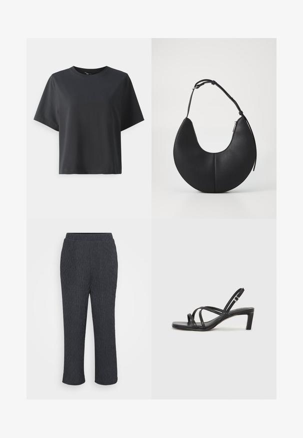 Black cotton t-shirt, short sleeves, crew neck, relaxed fit, smooth texture, simple design, no patterns or accents.; Dark grey pants with a textured, ribbed design, featuring an elastic waistband and tapered legs. Made from lightweight, soft material.; Black strappy sandal with a square toe and a low block heel. Features multiple thin straps and an adjustable ankle strap. Made of smooth leather.; Black leather handbag in a crescent shape with a smooth texture, a single adjustable strap, and a zip closure on the side.