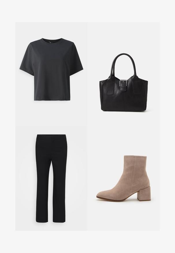 Svart bomullströja, korta ärmar, rund hals, avslappnad passform, slät textur, enkel design, inga mönster eller detaljer.; Svarta byxor med rak bendesign, tillverkade av ett mjukt tyg. Har en platt midja och inga synliga fickor. Minimalistisk stil.; Beige mockask ankle boot med spetsig tå och en kraftig fyrkantig klack. Ytan är slät med en mjuk textur och minimal detaljering.; Svart läder tote-väska med slät yta, strukturerad form, två handtag och en framträdande silverfärgad spänne på framsidan.