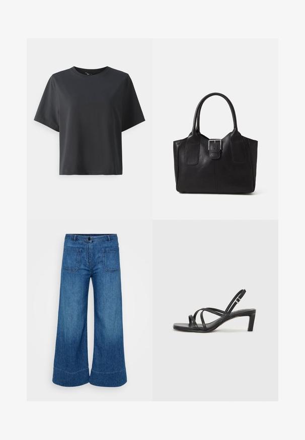 Černé bavlněné tričko, krátké rukávy, kulatý výstřih, volný střih, hladká textura, jednoduchý design, bez vzorů nebo akcentů.; Džíny s širokými nohavicemi v středně modré denimové barvě. Obsahují zapínání na knoflík, dvě zadní kapsy a čistý lem. Hladká textura s mírným vyblednutím.; Černé sandály na tenkém podpatku se čtveratou špičkou a nízkým blokovým podpatkem. Mají několik tenkých popruhů a nastavitelné zapínání okolo kotníku. Vyrobeny z hladké kůže.; Černá kožená tote taška s hladkým povrchem, strukturovaným tvarem, dvěma uchy a výrazným stříbrným detailem s přezkou na přední straně.