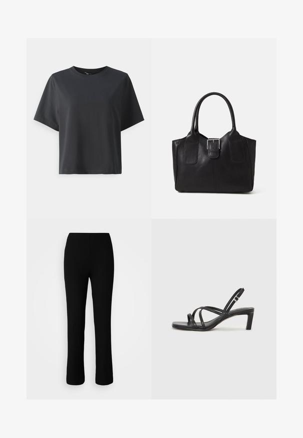 Crna pamučna majica, kratki rukavi, okrugli izrez, opušteni kroj, glatka tekstura, jednostavan dizajn, bez uzoraka ili naglasaka.; Crne rebraste pletene hlače s rastezljivim pojasom, koje imaju pripijen siluet i ravne noge, s suptilnom teksturom.; Crne sandale s trakama, kvadratnim prstom i niskom blok petom. Ima više tankih trakica i podesivu trakicu oko gležnja. Izrađene su od glatke kože.; Crna kožna torba za nošenje s glatkom teksturom, strukturiranim oblikom, dvije ručke i istaknutim srebrnim kopčanjem na prednjoj strani.