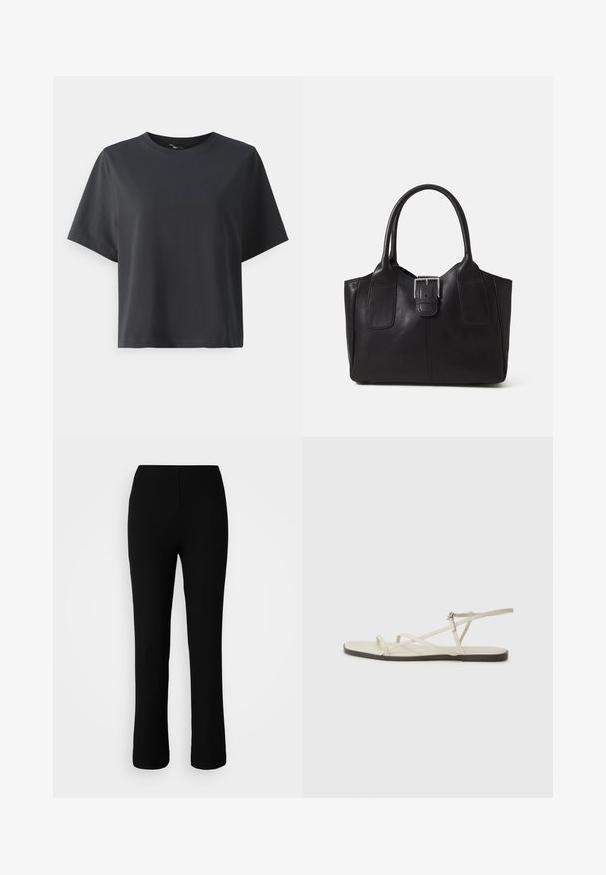 Svart bomull T-skjorte, korte ermer, rund hals, avslappet passform, jevn tekstur, enkel design, ingen mønstre eller aksenter.; Svarte ribbestrikkede bukser med elastisk midjebånd, har en tettsittende silhuett, rette ben og subtil tekstur.; Beige flate sandal med flere slanke stropper og en justerbar spenne. Sålen er flat med en svak mørk kontrast langs kanten.; Svart skinn toteveske med jevn tekstur, strukturert form, to håndtak og en fremtredende sølvspenne foran.