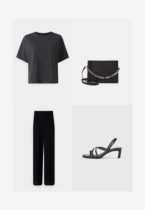 Crna pamučna majica, kratki rukavi, okrugli izrez, opušteni kroj, glatka tekstura, jednostavan dizajn, bez uzoraka ili naglasaka.; Vero Moda Petite VMLIVA SUPER WIDE PANTS - Hlače - black; Crne sandale s trakama, kvadratnim prstom i niskom blok petom. Ima više tankih trakica i podesivu trakicu oko gležnja. Izrađene su od glatke kože.; Crna kožna torba preko tijela s glatkom teksturom, pravokutnim oblikom i metalnim lancem na prednjoj strani. Uključena je podesiva naramenica.